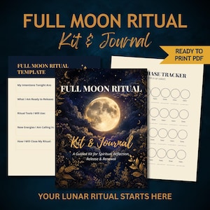 Puede incluir: Un kit y diario de ritual de luna llena, con un gráfico de luna llena en la portada. El kit incluye una plantilla, un rastreador de fases y un diario. El texto dice "Your Lunar Ritual Starts Here" y "Ready to Print PDF."