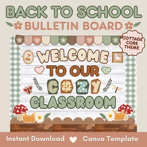 Puede incluir: Un tablón de anuncios con el texto Welcome To Our Cozy Classroom en letras de burbuja marrones y verdes. El diseño incluye ilustraciones de setas, cestas, flores, un zorro, un ganso, una mariposa y una libélula sobre un fondo de madera blanca con un borde festoneado.