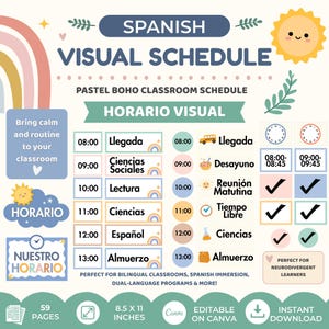 Puede incluir: Un horario visual español en colores pastel con un tema boho. El horario incluye horarios para Llegada, Ciencias Sociales, Lectura, Ciencias, Español y Almuerzo. El horario es de 21,59 x 27,94 cm y editable en Canva.