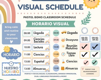 Visual Classroom Schedule in Spanish, Cards Autism ADHD, Printable Pastel Boho Daily Routine, Neurodivergent Class, Horario Visual Editable
