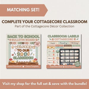 以下が含まれることがあります： WELCOME TO OUR COZY CLASSROOMと書かれた掲示板テンプレートと、Math、Reading、Writingなどのカテゴリーが記載された教室用ラベルを含むデジタル教室装飾セット。落ち着いた緑と茶色のカラーパレットで構成されています。