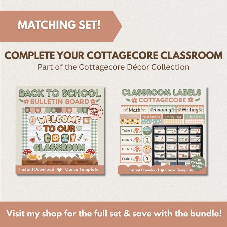 以下が含まれることがあります： WELCOME TO OUR COZY CLASSROOMと書かれた掲示板テンプレートと、Math、Reading、Writingなどのカテゴリーが記載された教室用ラベルを含むデジタル教室装飾セット。落ち着いた緑と茶色のカラーパレットで構成されています。