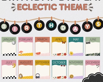 Birthday Display Bulletin Board Editable Canva Template, Retro Eclectic Classroom Decor, Birthday Chart Month Posters, Teacher Printable