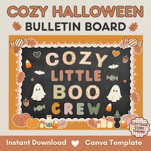 Puede incluir: Un diseño de tablón de anuncios digital con el texto COZY LITTLE BOO CREW en letras estampadas y sólidas. El fondo de pizarra negra está decorado con fantasmas, calabazas, dulces, murciélagos y hojas de otoño en tonos naranja y marrón.