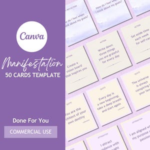 May include: A set of 50 printable manifestation cards with a purple background. The cards feature quotes and affirmations for self-reflection, action, and positive thinking. The text on the cards includes phrases like "Create a vision board that inspires you", "Write down three things you are grateful for every day", and "The universe is always conspiring in your favor".