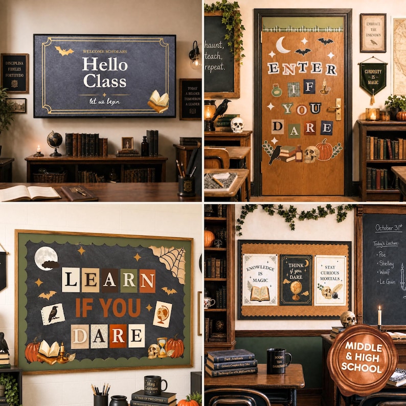 Dark Academia Halloween Classroom Decor Bundle, Editable Canva Moody Slides Posters Bulletin Board Door Decor, Middle High School Gothic