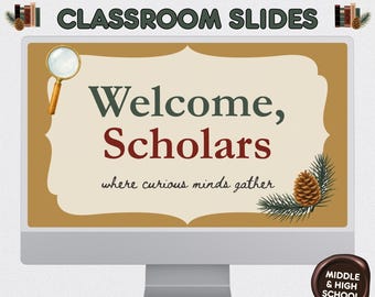Winter Dark Academia Classroom Slides, Editable Canva Templates, Middle & High School Daily Agenda Teacher Slides