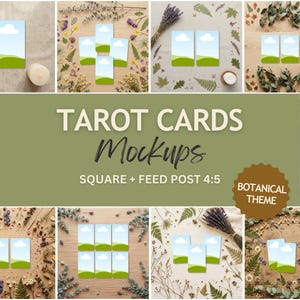 Puede incluir: Maquetas de cartas del tarot con temática botánica. La imagen presenta múltiples arreglos de cartas del tarot con un diseño de cielo azul y paisaje verde. Las cartas están rodeadas de flores secas y vegetación, con el texto "TAROT CARDS Mockups" y "SQUARE + FEED POST 4:5".