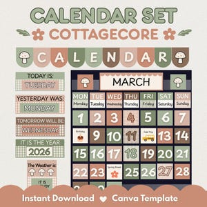 Puede incluir: Un conjunto de calendario digital con una cuadrícula de marzo con días numerados, iconos de setas y etiquetas de texto para días, años y clima. El diseño utiliza una paleta apagada de verde salvia, rosa polvoriento y crema con cuadros.