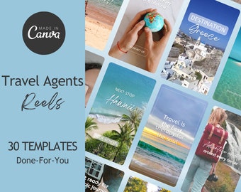 May include: A collection of 30 Instagram reel templates for travel agents. The templates feature images of beaches, mountains, and cities with text overlays such as "Escape to dream destinations!" and "Travel is the best therapy for the soul".
