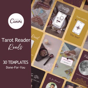 Puede incluir: 30 plantillas de carrete de cartas de tarot para redes sociales. Las plantillas presentan varias cartas de tarot, citas y indicaciones para lectores de tarot. Las plantillas están en un esquema de color dorado y burdeos.