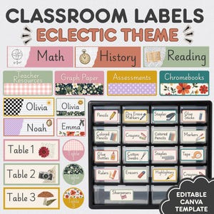 May include: A set of classroom labels with an eclectic theme, featuring various rectangular and circular designs with text like Math, History, Reading, and student names. A black storage organizer with sixteen clear drawers is included.