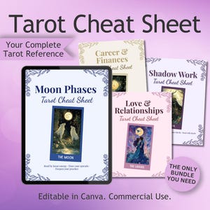 Puede incluir: Una colección de hojas de trucos de tarot, que incluyen "Fases Lunares", "Carrera y Finanzas", "Trabajo de Sombra" y "Amor y Relaciones". La imagen presenta una tableta que muestra una carta de tarot con dos lobos y la luna, con el texto "La Luna".
