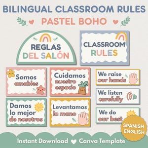 May include: A set of bilingual classroom rules posters in pastel colors featuring English and Spanish text. The graphics include illustrations of rainbows, stars, plants, hands, and sound icons. The text includes phrases like Classroom Rules, Reglas del Salón, We raise our hands, Somos amables, Cuidamos nuestro espacio, Damos lo mejor de nosotros, We listen carefully, and We do our best.