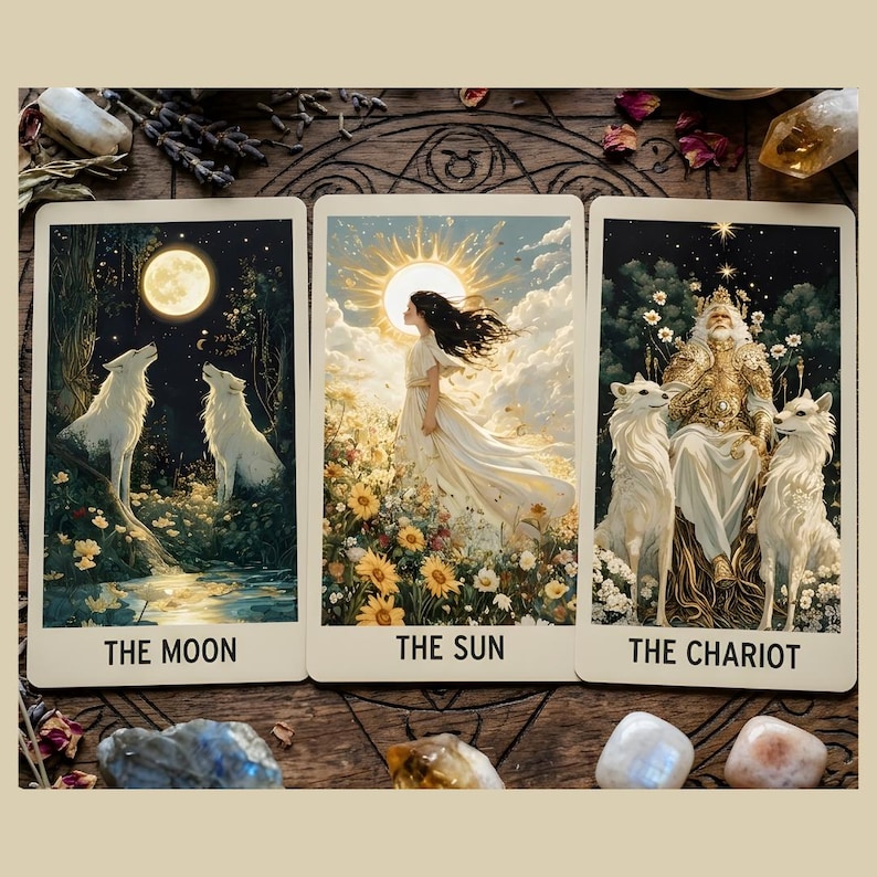May include: Three tarot cards with illustrations of The Moon, The Sun, and The Chariot. The Moon card shows two wolves howling at a full moon. The Sun card depicts a woman in a white dress. The Chariot card shows a king with two white wolves.