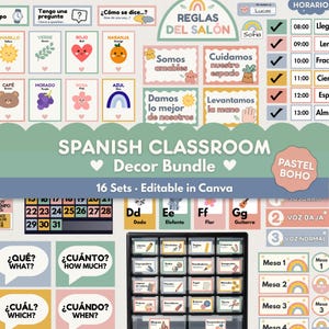 Puede incluir: Un conjunto de decoración para aula de español con pósteres educativos en tonos pastel, tarjetas del alfabeto, un calendario y etiquetas. El set incluye láminas sobre colores, normas de clase, horarios y palabras interrogativas, editables en Canva.