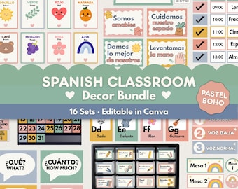 Spanish Classroom Decor Bundle, Bilingual Classroom Decor, Pastel Boho Dual Language, Editable Canva, Back to School ESL Teacher Printables