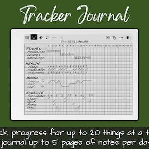 May include: A black and white digital tracker journal with the text "Tracker Journal" at the top. The journal has a grid layout with columns for each day of the month and rows for different categories, such as travel, health, mood, and exercise. The journal is designed to help users track their progress and goals.