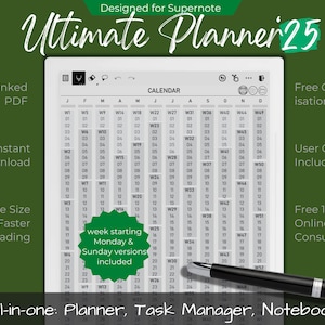 May include: A digital planner for the Supernote device. The planner includes a calendar, task manager, and notebook. The calendar is a grid with weeks starting on Monday and Sunday versions included. The planner is available for instant download as a hyperlinked PDF with a low file size for faster loading. Free customization, a user guide, and online help are included.