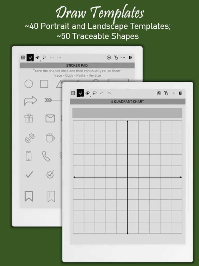 Pu&ograve; includere: Due modelli di disegno digitali, uno con una griglia per un grafico a 4 quadranti e l'altro con un blocco di adesivi di varie forme. Il blocco di adesivi include forme come un cerchio, un quadrato, un triangolo, una freccia, una scatola regalo, una busta, un manubrio, una tazza di caff&egrave;, un telefono, un segno di spunta, un segnalibro e altro ancora.