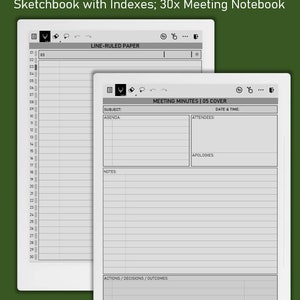 Pu&ograve; includere: Due modelli di quaderno stampabili. Il primo &egrave; un quaderno a righe con 30 righe. Il secondo &egrave; un modello di verbale di riunione con sezioni per l'oggetto, l'ordine del giorno, i partecipanti, le note, le scuse e le azioni/decisioni/risultati.