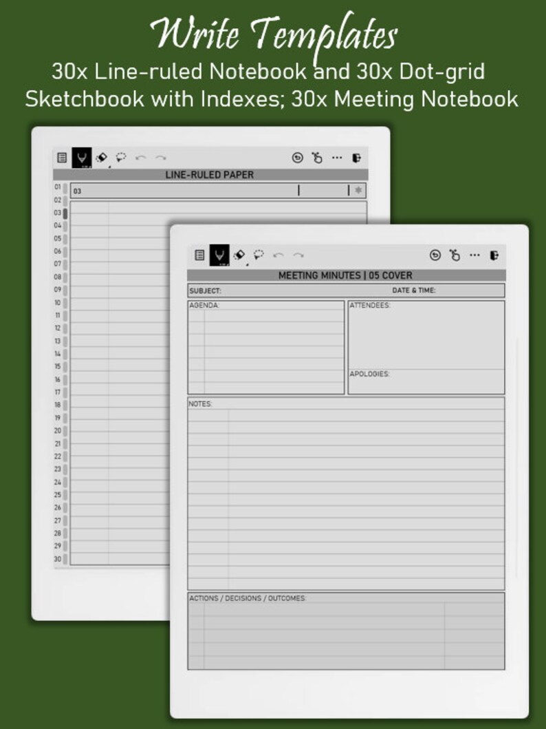 Pu&ograve; includere: Due modelli di quaderno stampabili. Il primo &egrave; un quaderno a righe con 30 righe. Il secondo &egrave; un modello di verbale di riunione con sezioni per l'oggetto, l'ordine del giorno, i partecipanti, le note, le scuse e le azioni/decisioni/risultati.