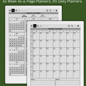 Pu&ograve; includere: Un'immagine in bianco e nero di due planner digitali. Il primo planner &egrave; un calendario annuale per gli anni 2022, 2023 e 2024. Il secondo planner &egrave; un planner mensile con una sezione per gli obiettivi e le note.