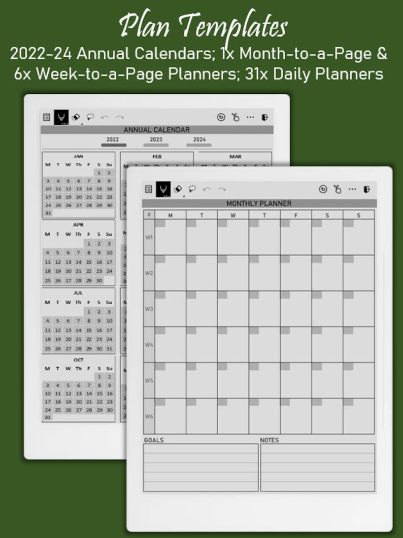 Pu&ograve; includere: Un'immagine in bianco e nero di due planner digitali. Il primo planner &egrave; un calendario annuale per gli anni 2022, 2023 e 2024. Il secondo planner &egrave; un planner mensile con una sezione per gli obiettivi e le note.