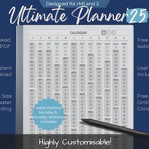 Könnte beinhalten: Ein grau-weißer Kalenderplaner mit dem Text "Ultimate Planner 25" in Blau. Der Kalender ist für iPad konzipiert und beinhaltet eine Bedienungsanleitung, kostenlose Online-Hilfe und kostenlose Anpassungsmöglichkeiten.
