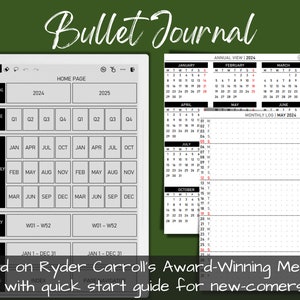 May include: A black and white digital bullet journal template with a home page, annual view, future log, monthly log, weekly log, and daily log. The template is based on Ryder Carroll's Award-Winning Method with a quick start guide for new-comers.