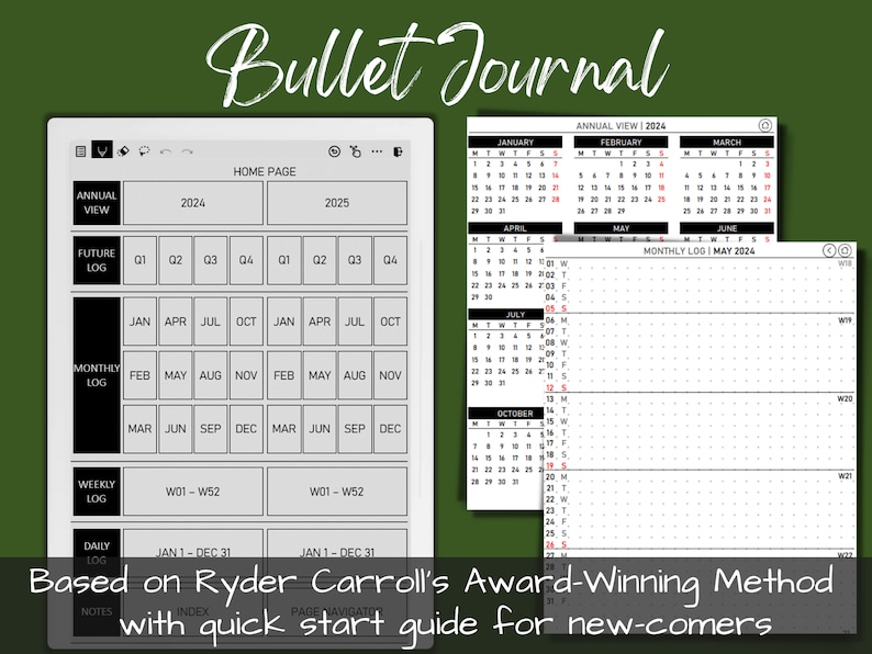 May include: A black and white digital bullet journal template with a home page, annual view, future log, monthly log, weekly log, and daily log. The template is based on Ryder Carroll's Award-Winning Method with a quick start guide for new-comers.