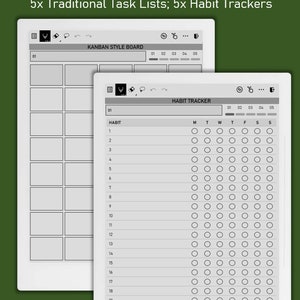 Pu&ograve; includere: Due modelli di pianificatore stampabili. Il primo &egrave; un pannello in stile Kanban con cinque colonne etichettate da 01 a 05. Il secondo &egrave; un tracker delle abitudini con una colonna per ogni giorno della settimana e 20 righe per le abitudini.