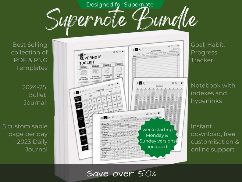 May include: A white Supernote Bundle with a green background. The bundle includes a 2024-25 Bullet Journal, a 2023 Daily Journal, a Supernote Toolkit, and a Goal, Habit, Progress Tracker. The text "Save over 50%" is at the bottom of the image.