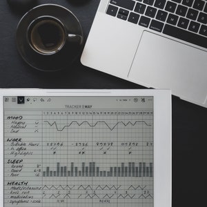 May include: A black and white e-reader with a gray screen displaying a tracker for the month of May. The tracker includes sections for mood, work, sleep, and health. The mood section shows a line graph with a black line representing mood levels. The work section shows a table with data on billable hours, in-office hours, and highlights. The sleep section shows a bar graph with data on sleep quality. The health section shows a line graph with data on health metrics.