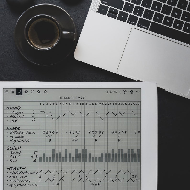 May include: A black and white e-reader with a gray screen displaying a tracker for the month of May. The tracker includes sections for mood, work, sleep, and health. The mood section shows a line graph with a black line representing mood levels. The work section shows a table with data on billable hours, in-office hours, and highlights. The sleep section shows a bar graph with data on sleep quality. The health section shows a line graph with data on health metrics.