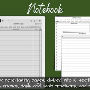 May include: A black and white notebook with 300 pages divided into 10 sections. The notebook has a section index, file notes, and a sketch page. The text "Notebook" is written in a handwritten font at the top of the image.