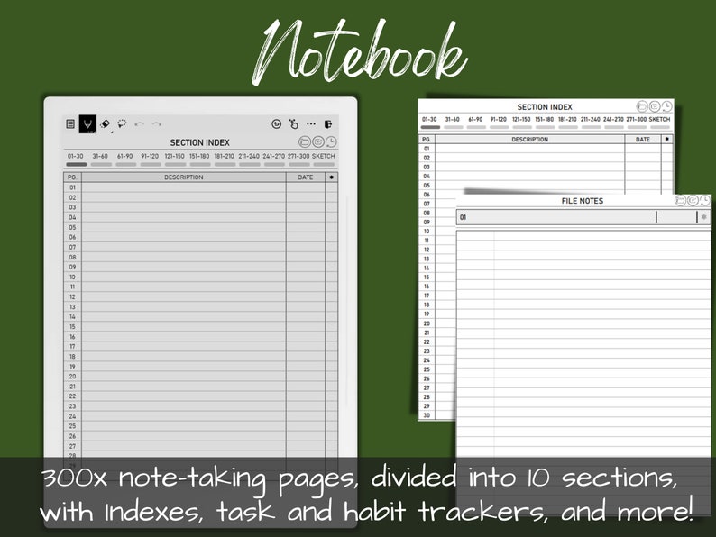 May include: A black and white notebook with 300 pages divided into 10 sections. The notebook has a section index, file notes, and a sketch page. The text "Notebook" is written in a handwritten font at the top of the image.