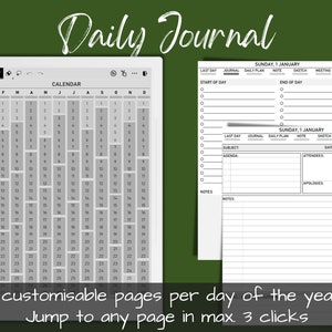May include: A digital planner with a calendar view and five customizable pages per day. The planner includes sections for daily plans, notes, sketches, meetings, and a last day summary. The text "Jump to any page in max. 3 clicks" is displayed below the calendar.