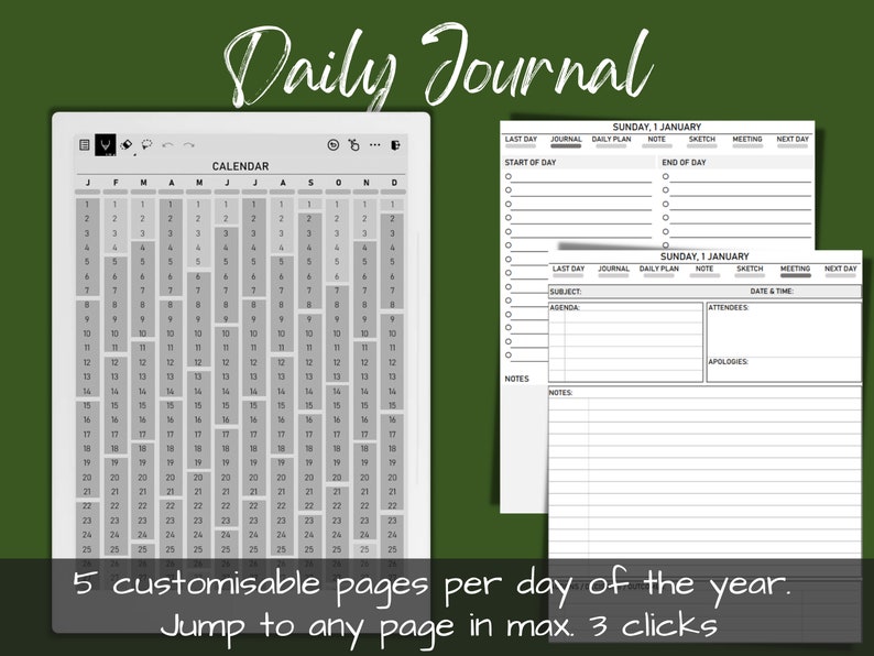 May include: A digital planner with a calendar view and five customizable pages per day. The planner includes sections for daily plans, notes, sketches, meetings, and a last day summary. The text "Jump to any page in max. 3 clicks" is displayed below the calendar.