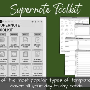 May include: A digital planner toolkit for the Supernote device. The toolkit includes 12 different templates, including annual calendars, kanban style boards, line-ruled pages, sticker pads, month and week planners, task lists, dot-grid pages, portrait templates, daily planners, habit trackers, meeting minutes, and landscape templates.