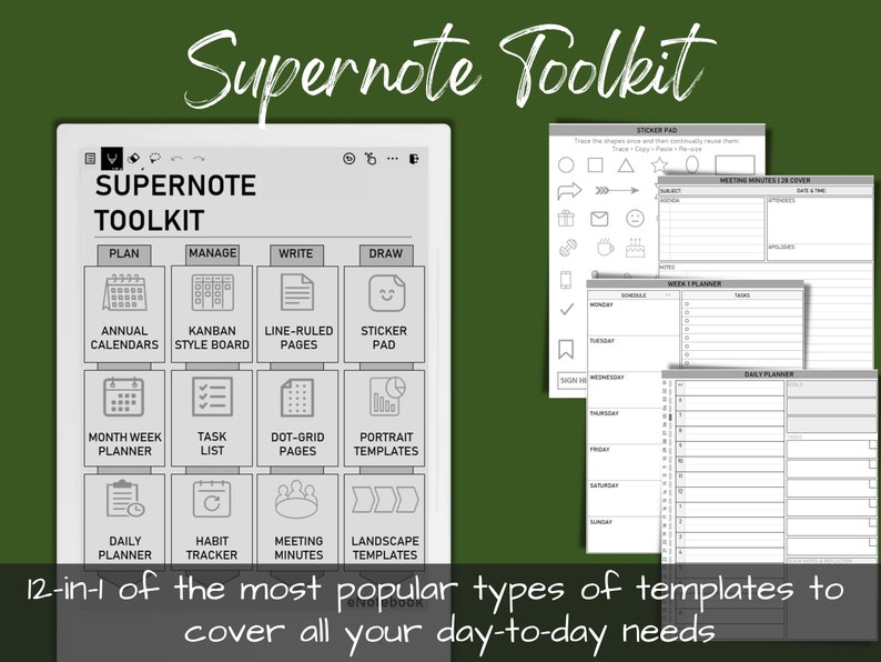 May include: A digital planner toolkit for the Supernote device. The toolkit includes 12 different templates, including annual calendars, kanban style boards, line-ruled pages, sticker pads, month and week planners, task lists, dot-grid pages, portrait templates, daily planners, habit trackers, meeting minutes, and landscape templates.