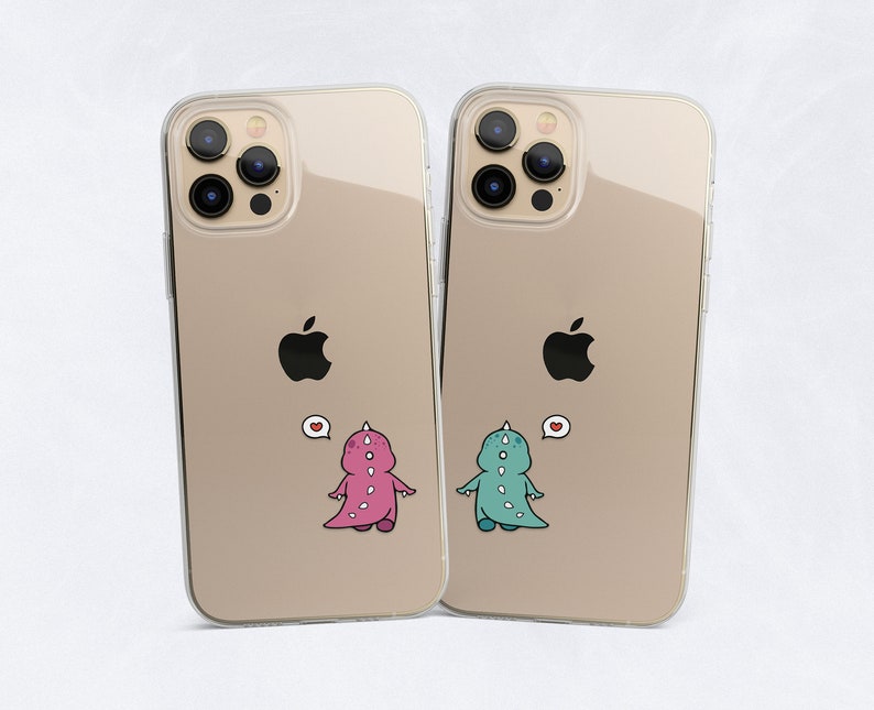Clear Dino Couple Phone Cases for iPhone 13, 12 Pro, 11, Xs, Xr, X, 7, 8+, fits Samsung Galaxy s10, s20, s21, a12, a51, a52, Huawei P20, P30 