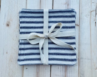 Fabric Coasters // Set of 4 // Blue Ticking Stripe Minimal Coasters // Housewarming Gift // July 4