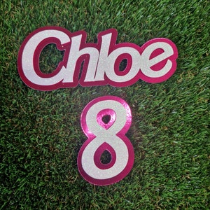 Barbie Themed, Name and Number Age, Cake charm, Mirror Cake Topper, Glitter Cake Charm, Personalised Name Cake Charm, Number Charms