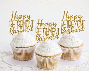Personalised Name Happy Retirement Cake Toppers , Leaving Work Celebration Cupcake Decorations, Retirement Party Decor