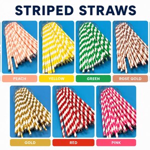 May include: A collection of striped straws displayed in nine color variations labeled as Lavender, Peach, Yellow, Green, Rose Gold, Silver, Gold, Red, and Pink. The text STRIPED STRAWS appears at the top, with each color group shown in a square box.