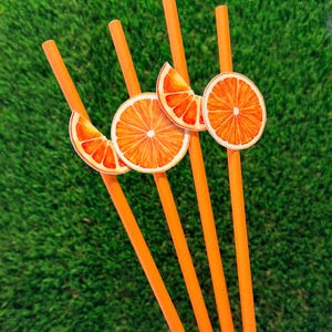 May include: Four bright orange paper straws, each featuring a decorative cutout of a citrus fruit slice. Two straws display a full round orange slice, while the other two straws are adorned with a smaller, wedge-shaped orange slice cutout.