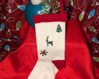 Whimsical Holiday Harmony: Hand-Knitted White Christmas Stocking with Patchwork Delights