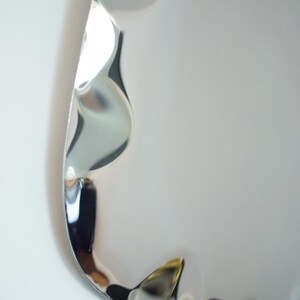 May include: A close-up of a shiny, silver-colored object with a unique, curved shape. The object has a reflective surface, with light and shadows creating interesting patterns. The design appears to be modern and abstract.