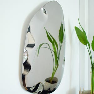 May include: A modern, oval-shaped mirror with a rippled surface hangs on a white wall. The mirror reflects a potted plant with green leaves. The mirror's unique design adds a contemporary touch to the room's decor.
